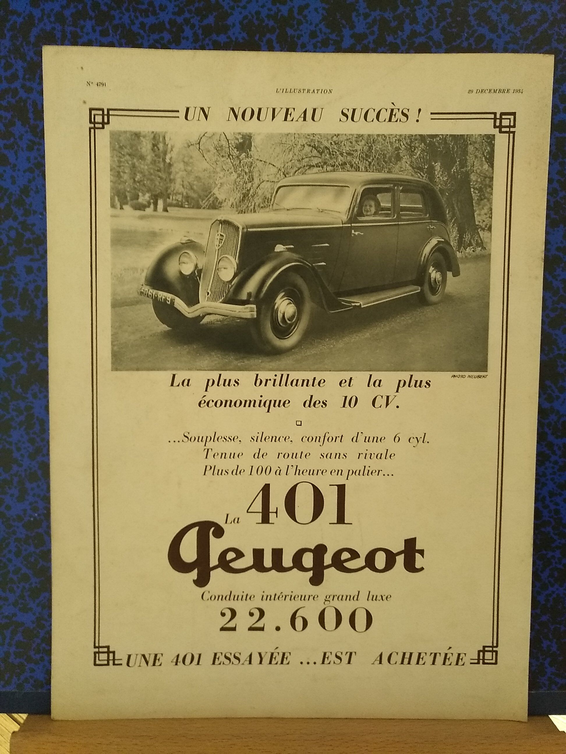 Car paper advertisement Peugeot the 401 issue revised 1934