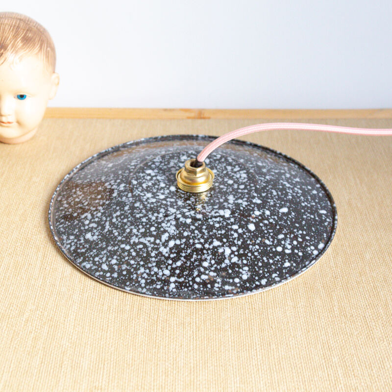 Walkway with lampshade speckled enamelled sheet metal