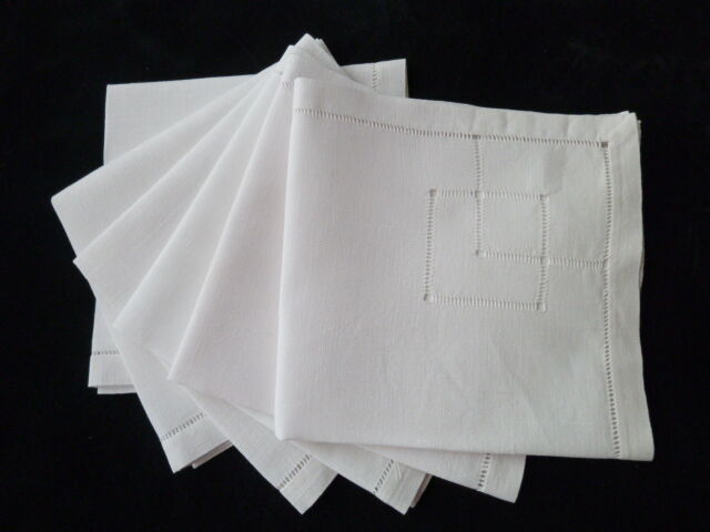 Set of 6 antique white linen tea towels with small days