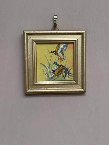 Mid-Century Oil on Panel “ Birds” by Unknown, Vintage & Framed 11 × 11 cm