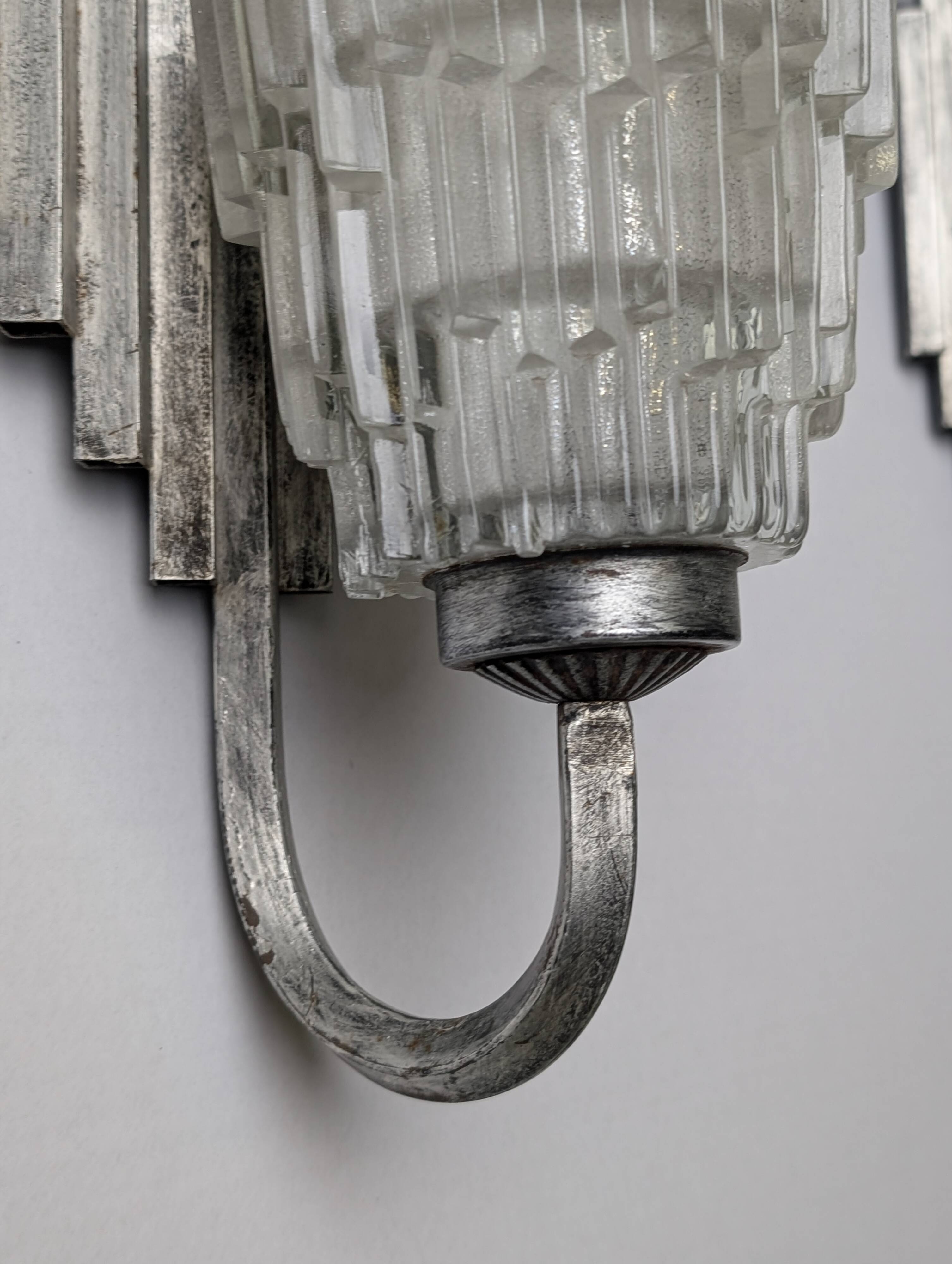 Pair of Ferro Art Iron and Glass Wall Sconces Art Deco Style 1970s