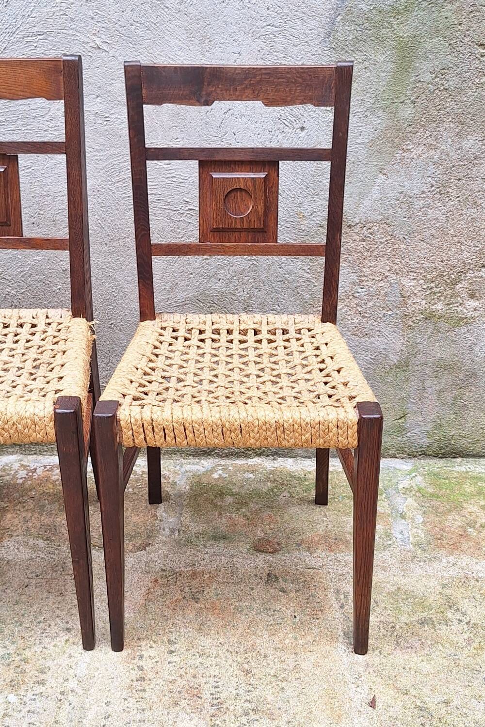 Set of 4 oak and rope chairs