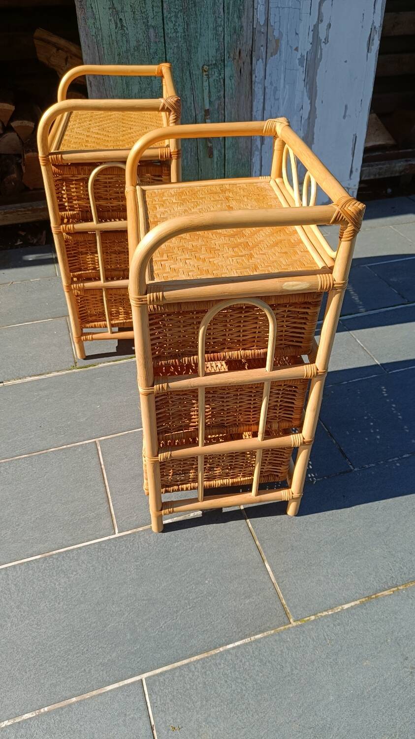 Vintage pair of bedside tables in rattan and cane – bohemian chic style