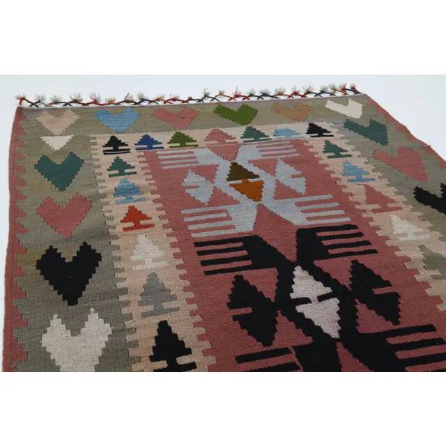 1970s Vintage Turkish Oushak Handmade Wool Cotton Green Runner Rug 107x175