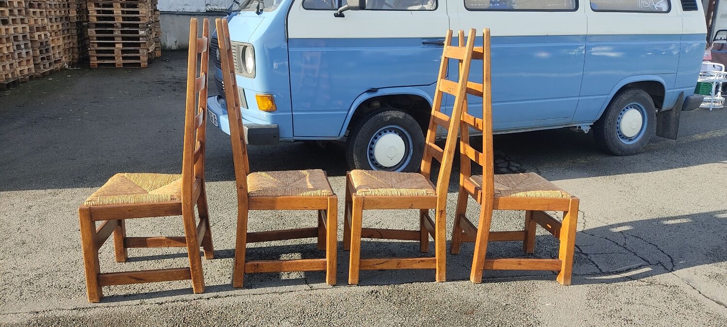 Ensemble de 4 chaises bois paille brutaliste