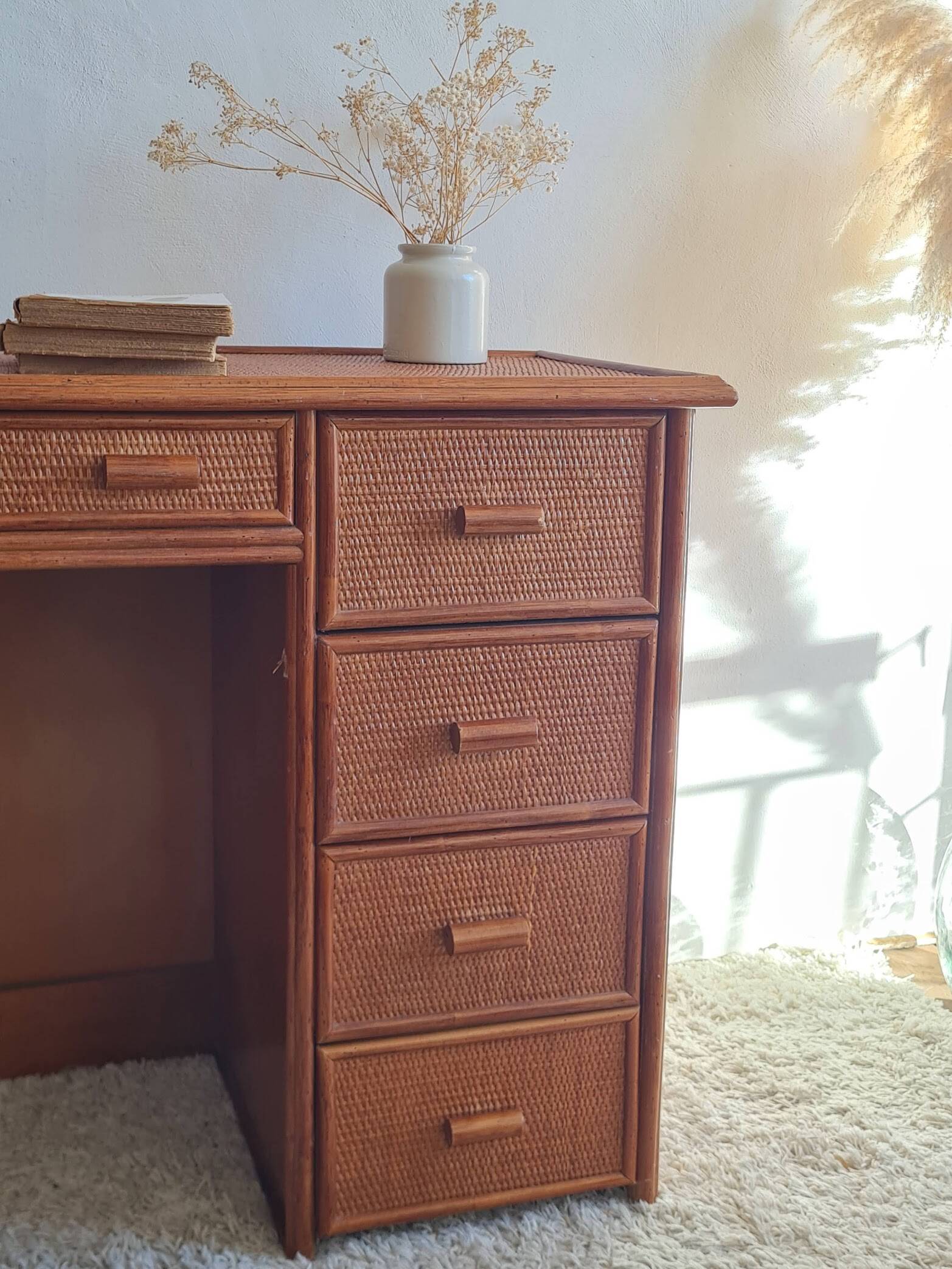 Vintage rattan desk from the 1970s.