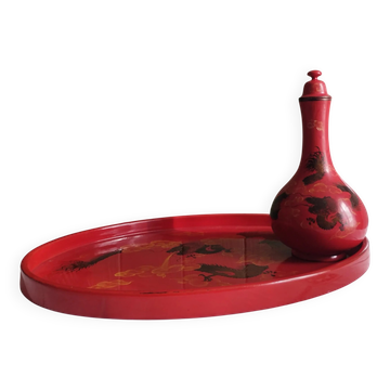 Laque rouge japonaise - Plateau ovale et flacon - Décor dragon ryù