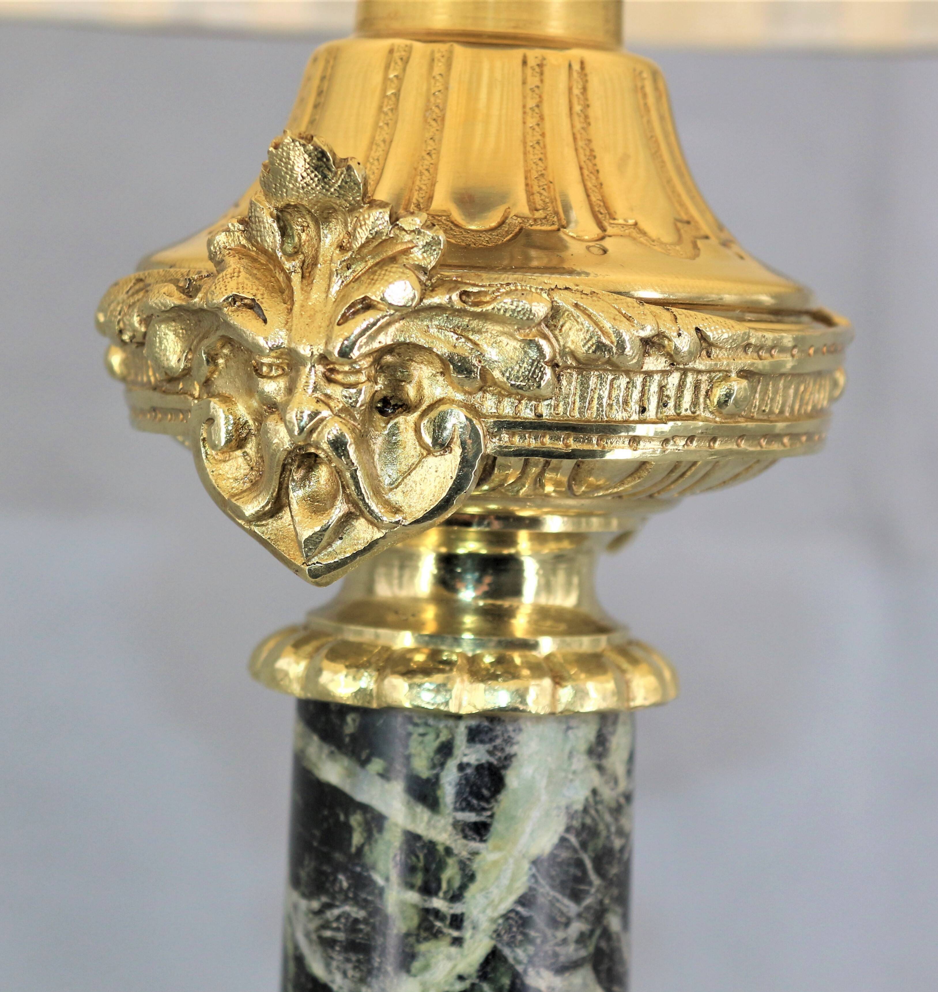 Lamp in gilded bronze & veined water green marble & pleated lampshade