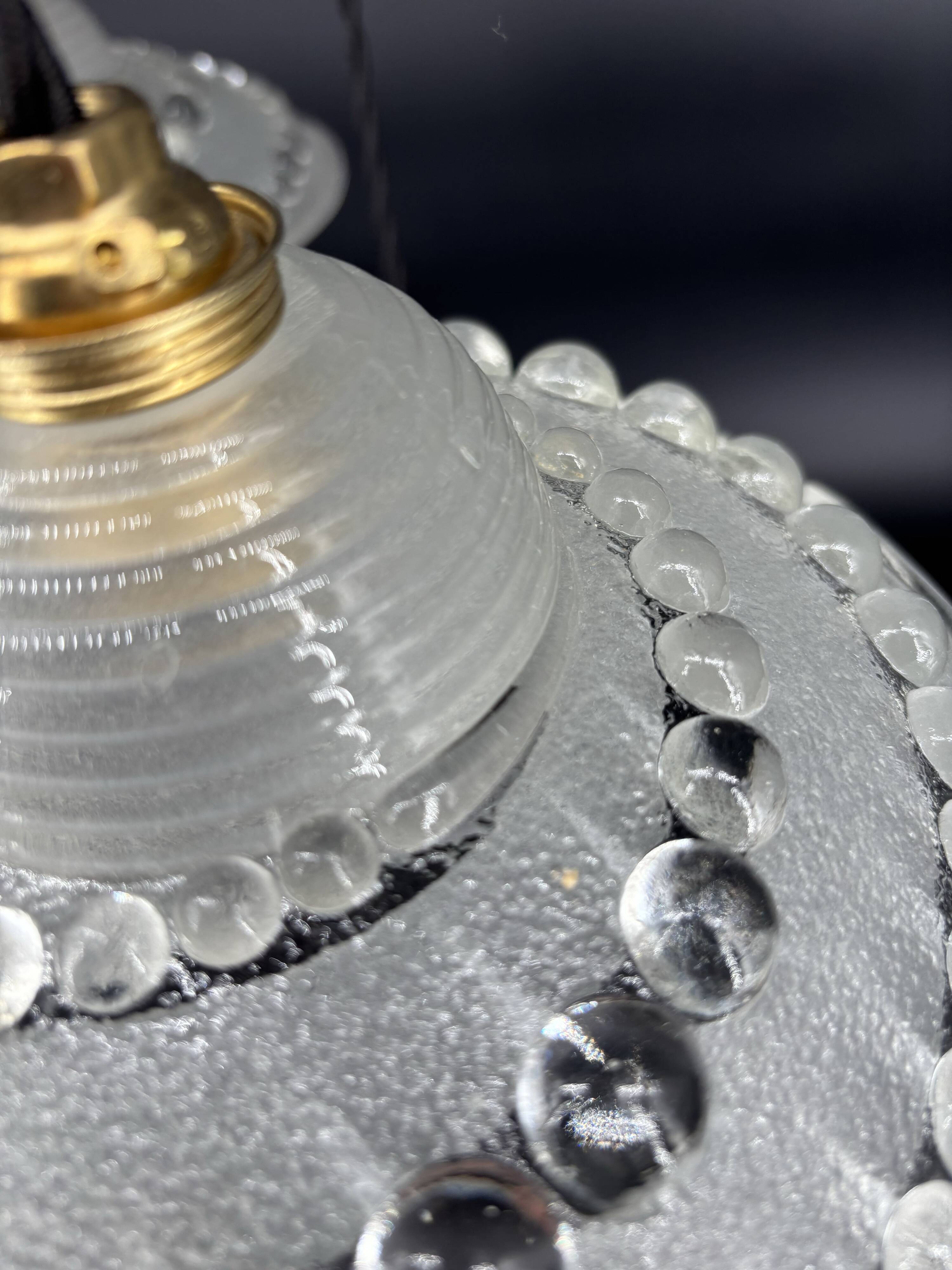 Set of 3 moulded glass pendant lights with cabochons, Art Deco style Ezan.