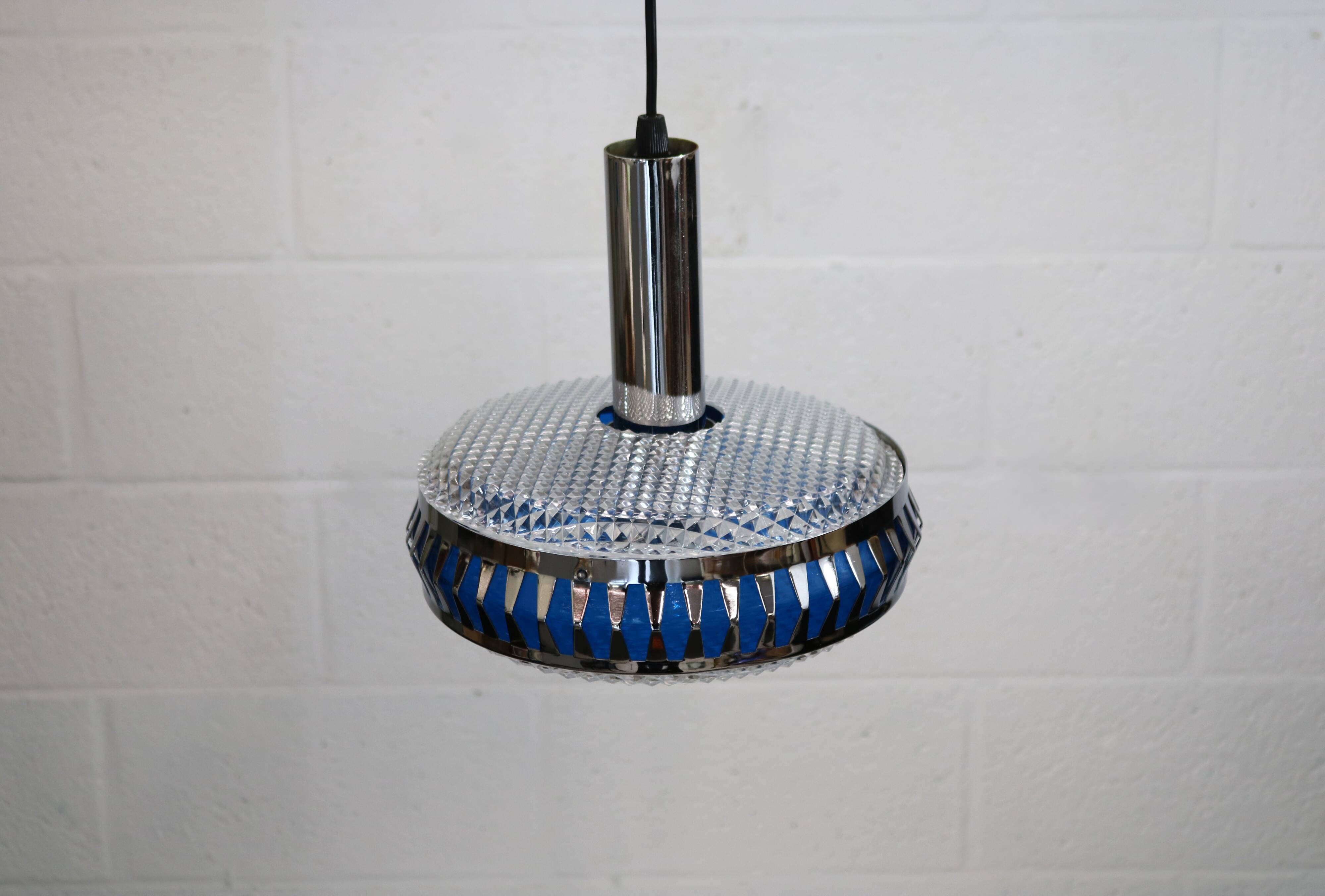 Vintage Chrome & Blue Pendant Lamp - 1970s Massive Belgium Lighting