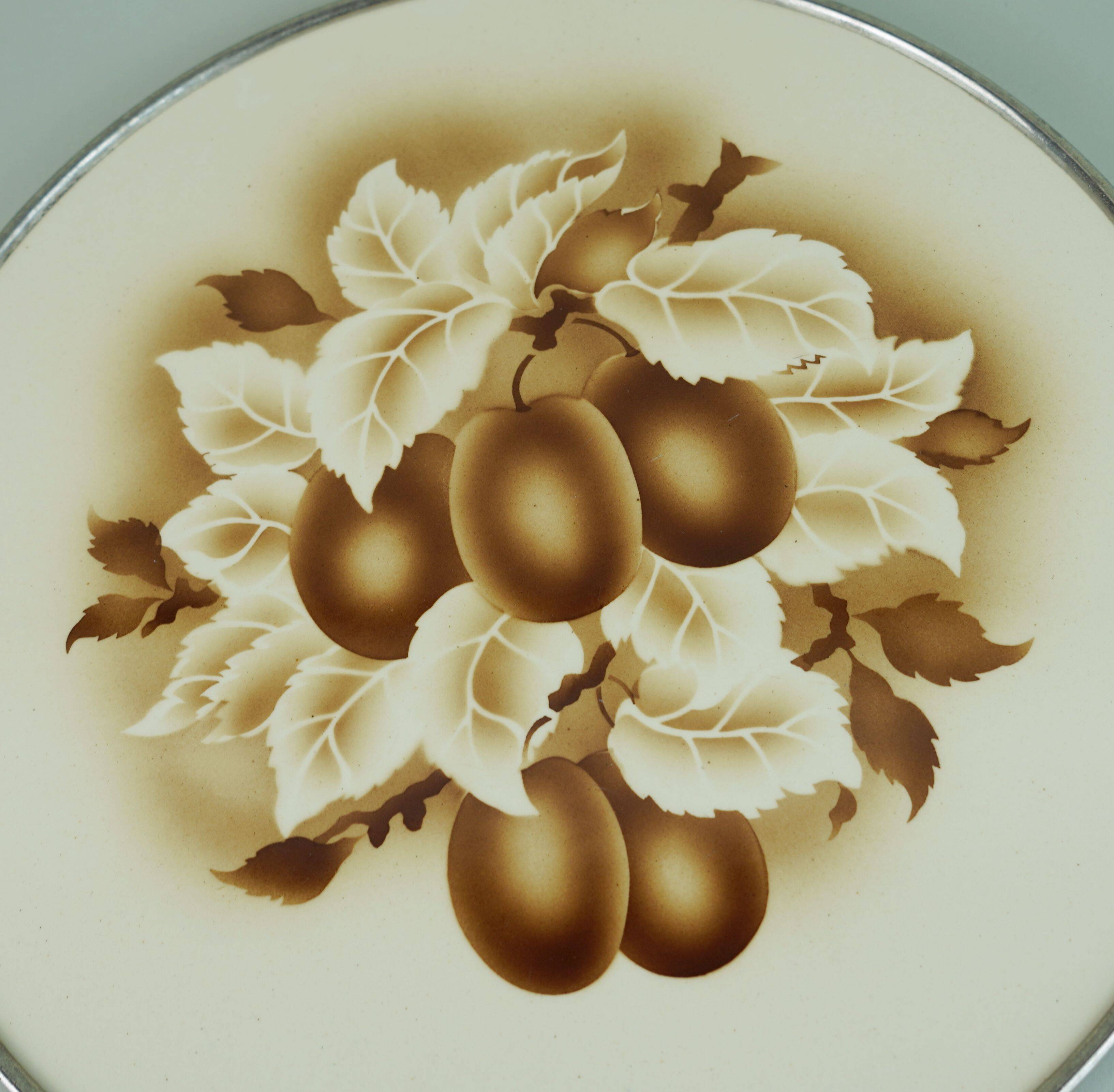 Cake plate art deco ceramic and metal plum decor