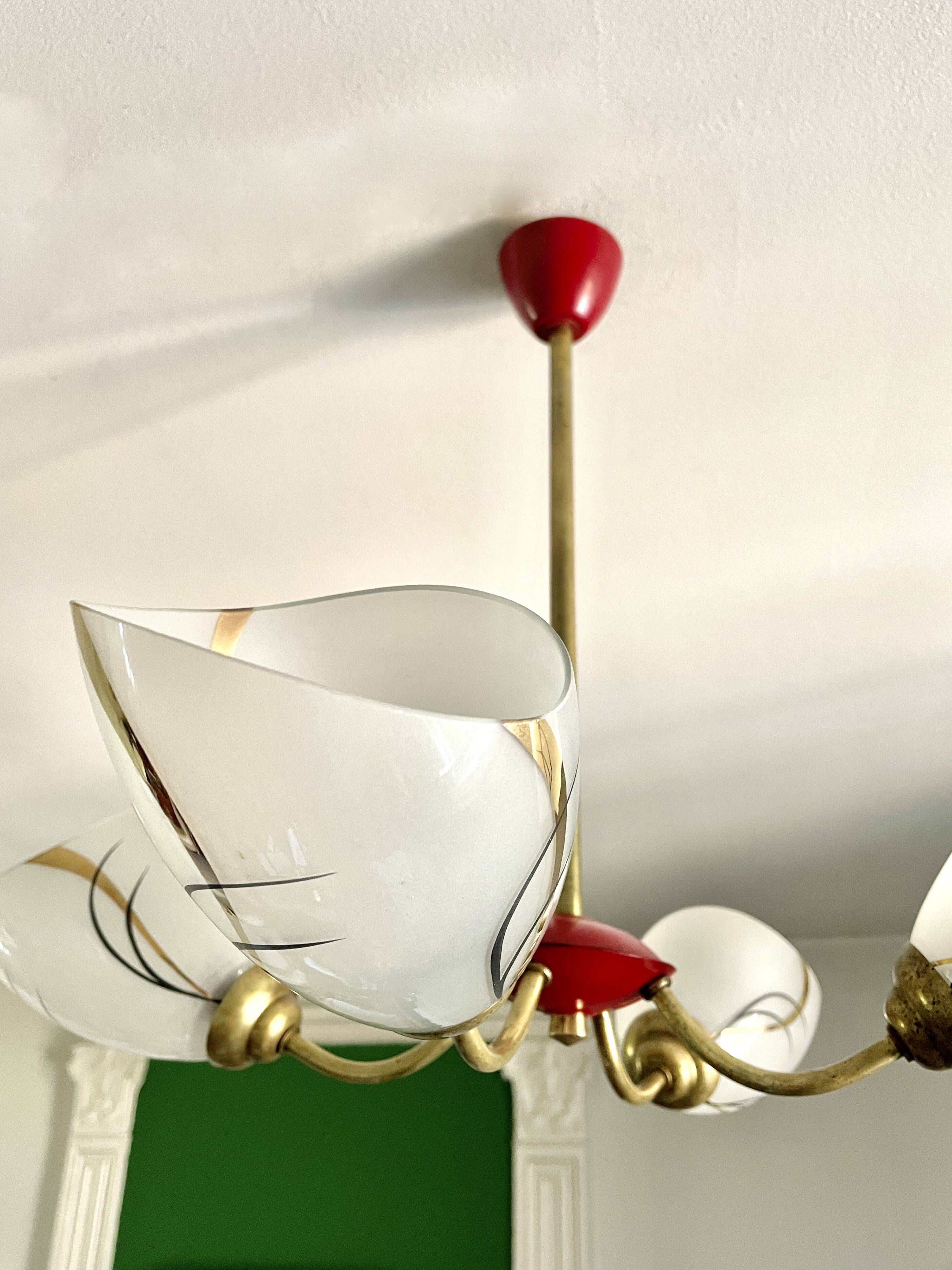 1960s red and gold 4-light chandelier