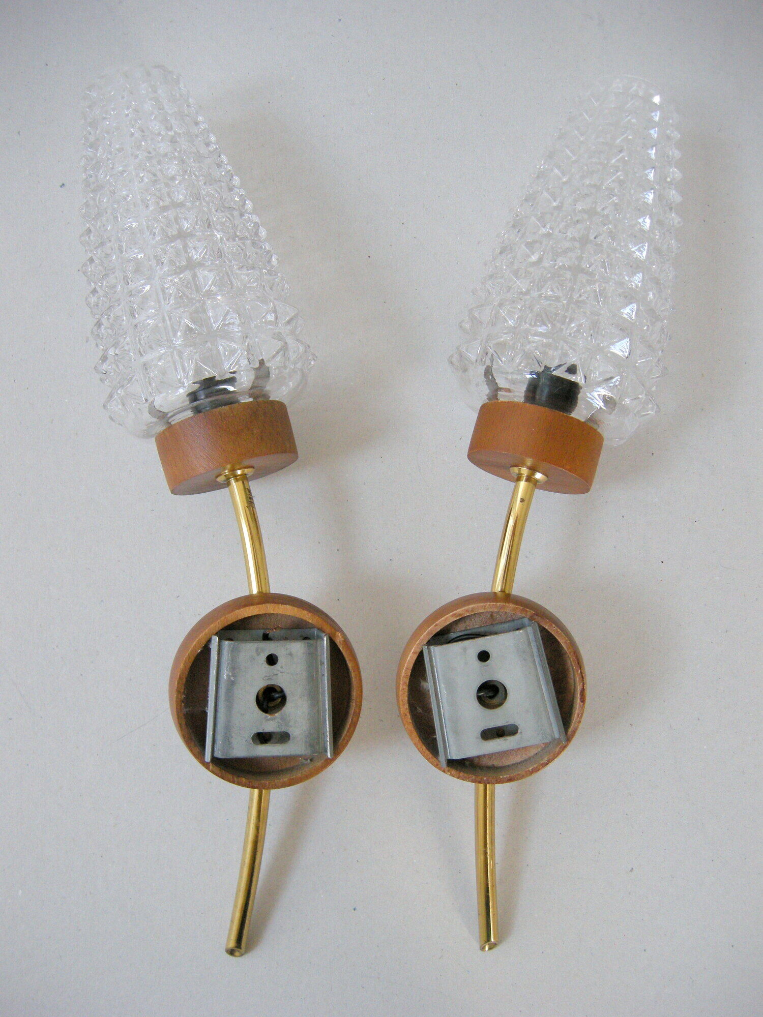 Pair of vintage wall lamps 1960 brass wood & glass