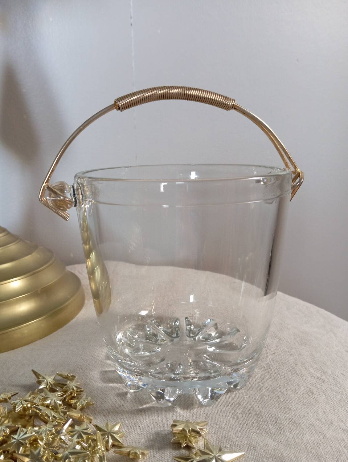 Seau à glaçons en verre, anse doré, vintage 1960