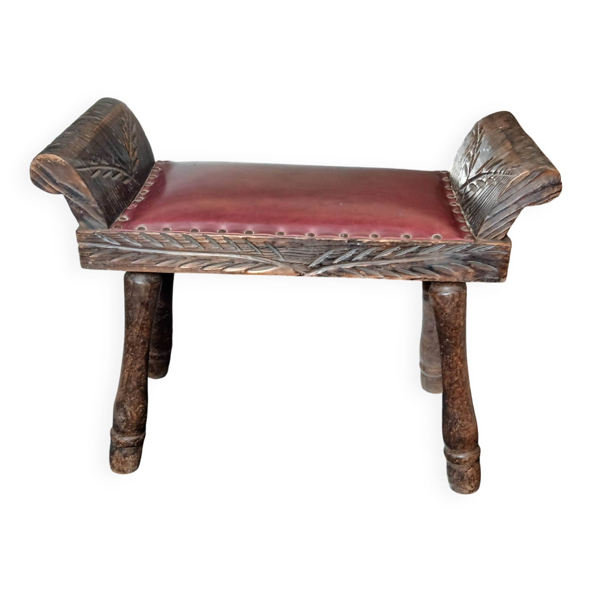 Carved wood and faux leather bench or vintage spanish ottoman footstool