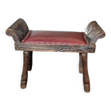 Carved wood and faux leather bench or vintage spanish ottoman footstool