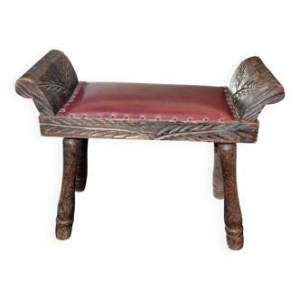 Carved wood and faux leather bench or vintage spanish ottoman footstool