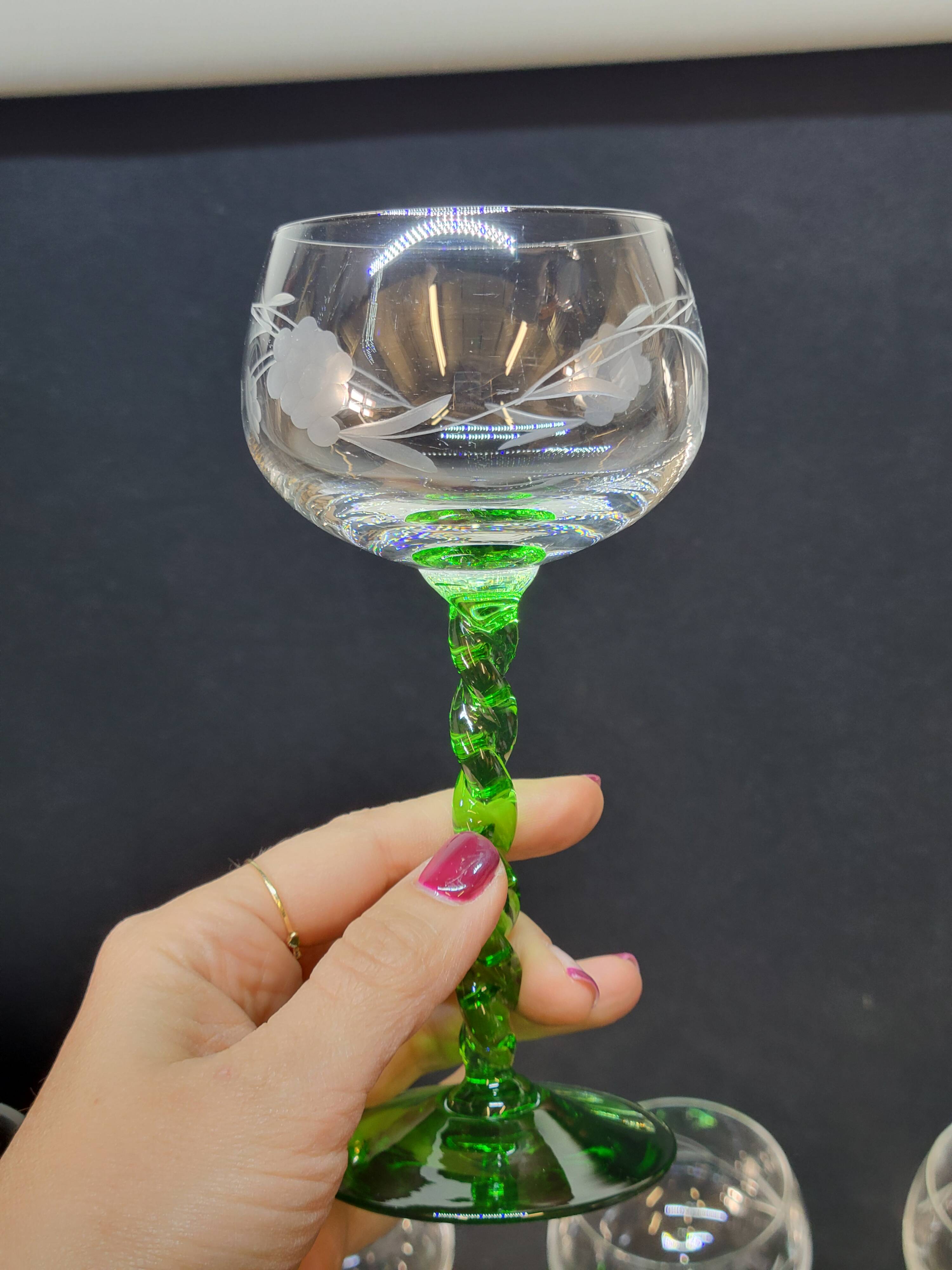 10 alsace white wine glasses in cut crystal with twisted green foot