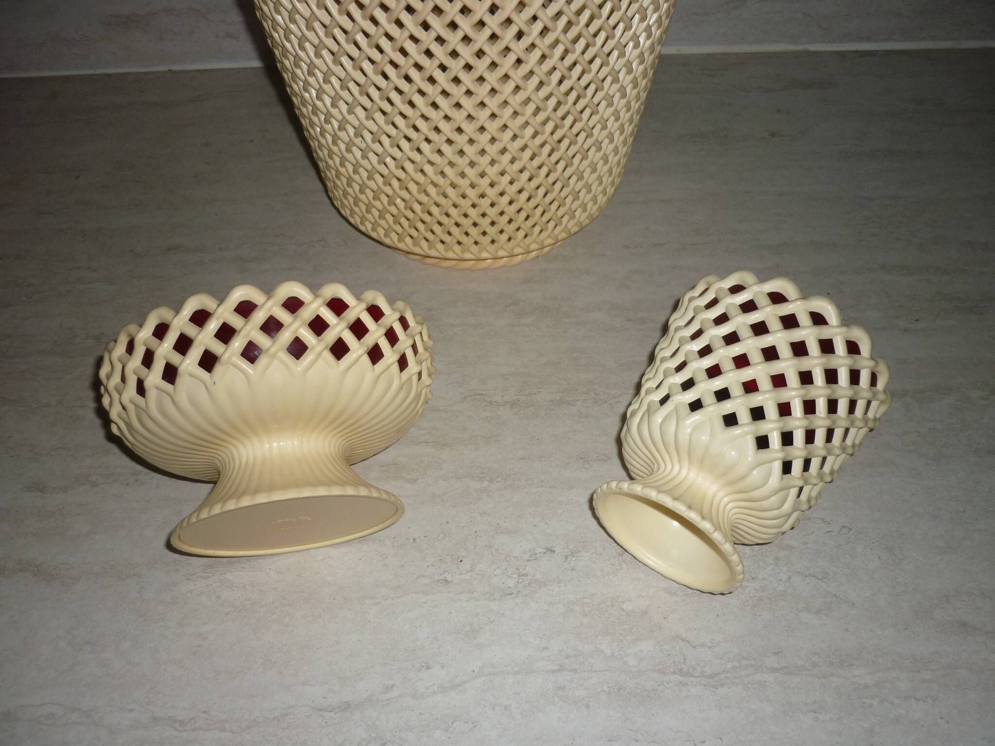 Lot of red and beige Emsa vases, flower spikes, pot cover and a bowl