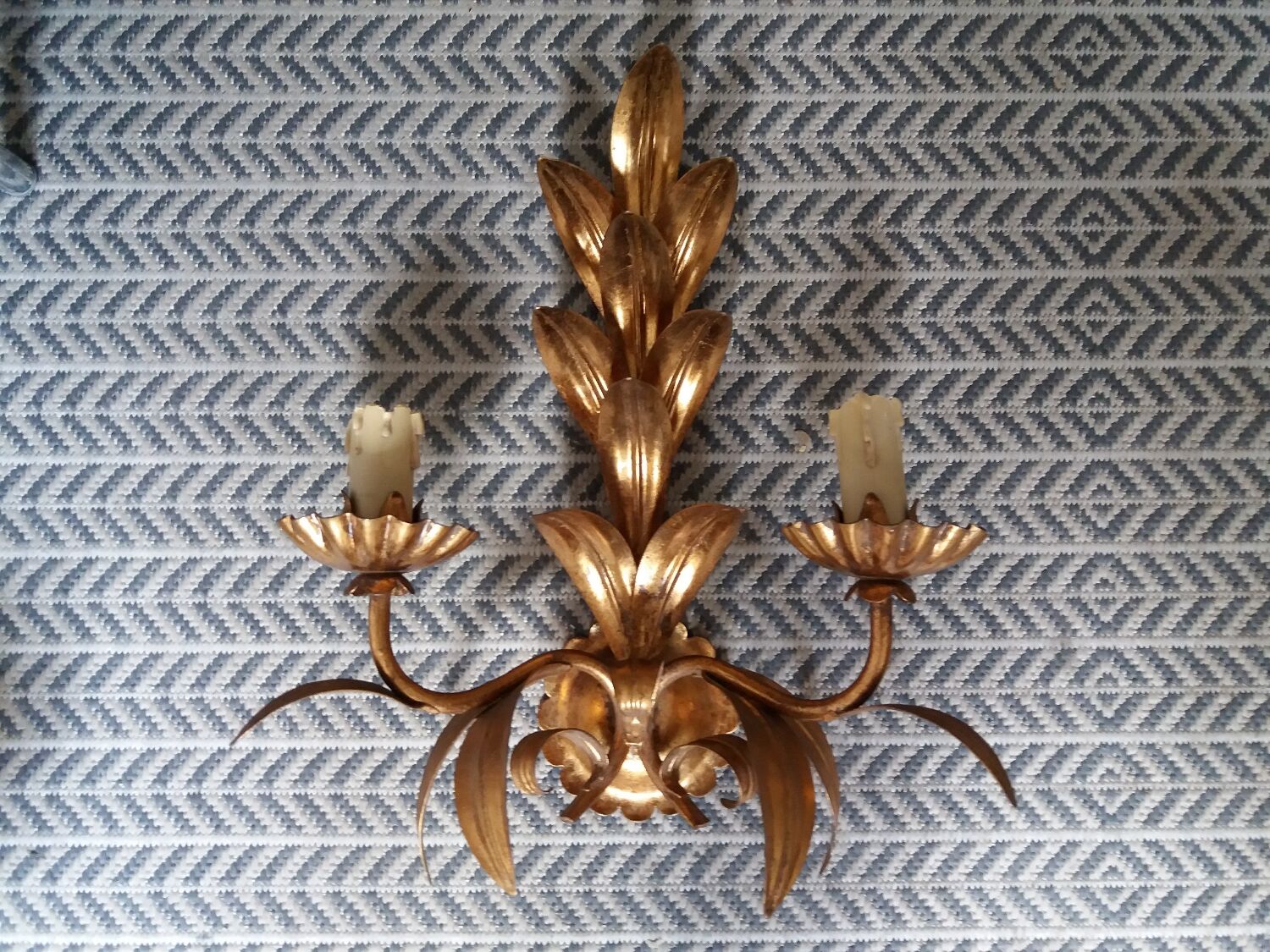 Pair of vintage golden sheet metal wall lights with leaf decoration