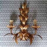 Pair of vintage golden sheet metal wall lights with leaf decoration