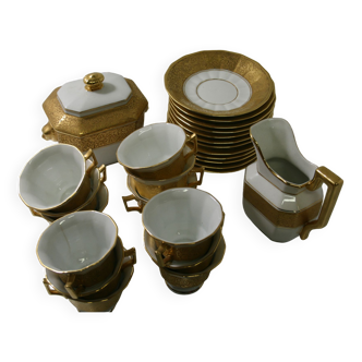 Coffee service limoges Aveyron art porcelain LD white and gilded complete