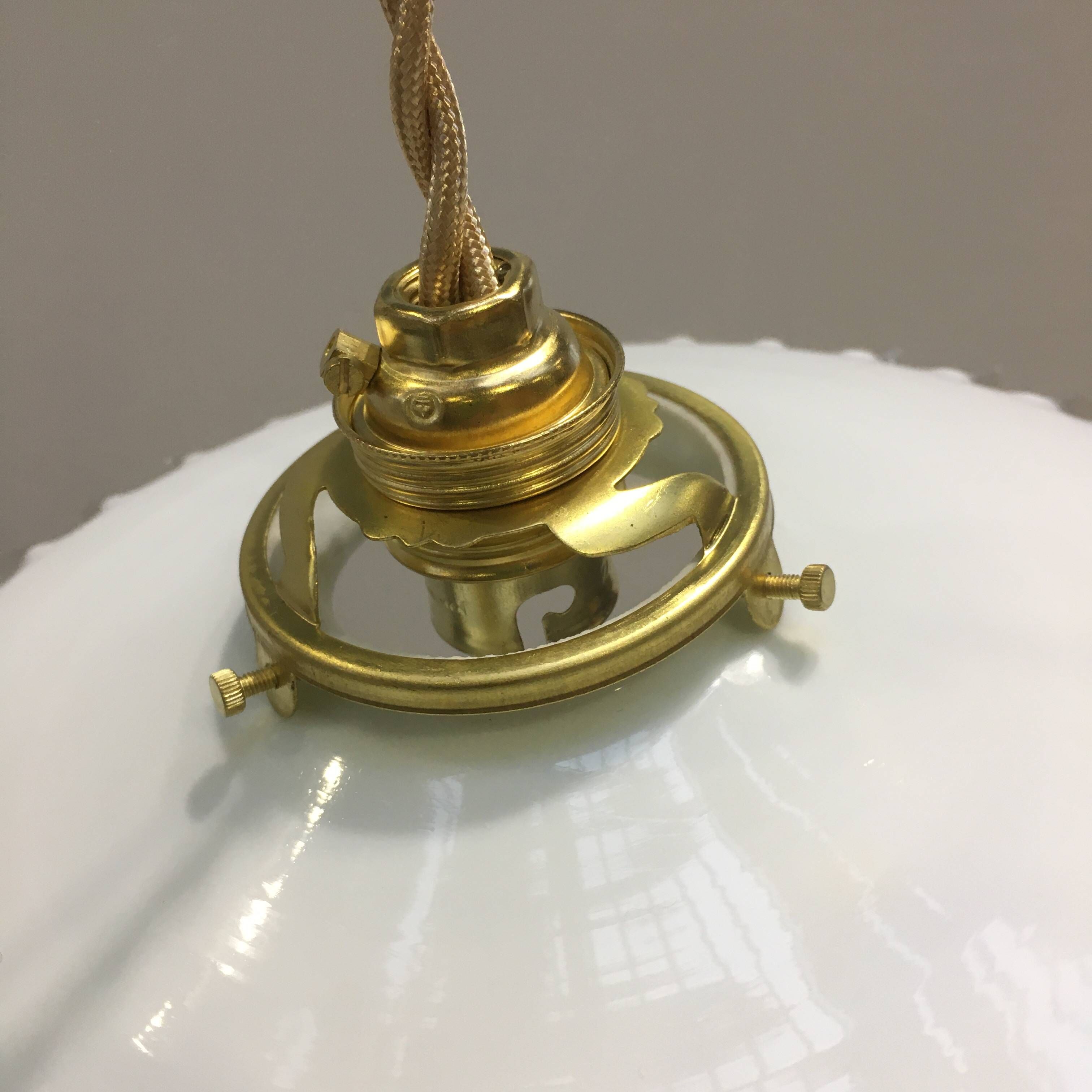 Pair of vintage pendant lights in white opaline and transparent serrated edges