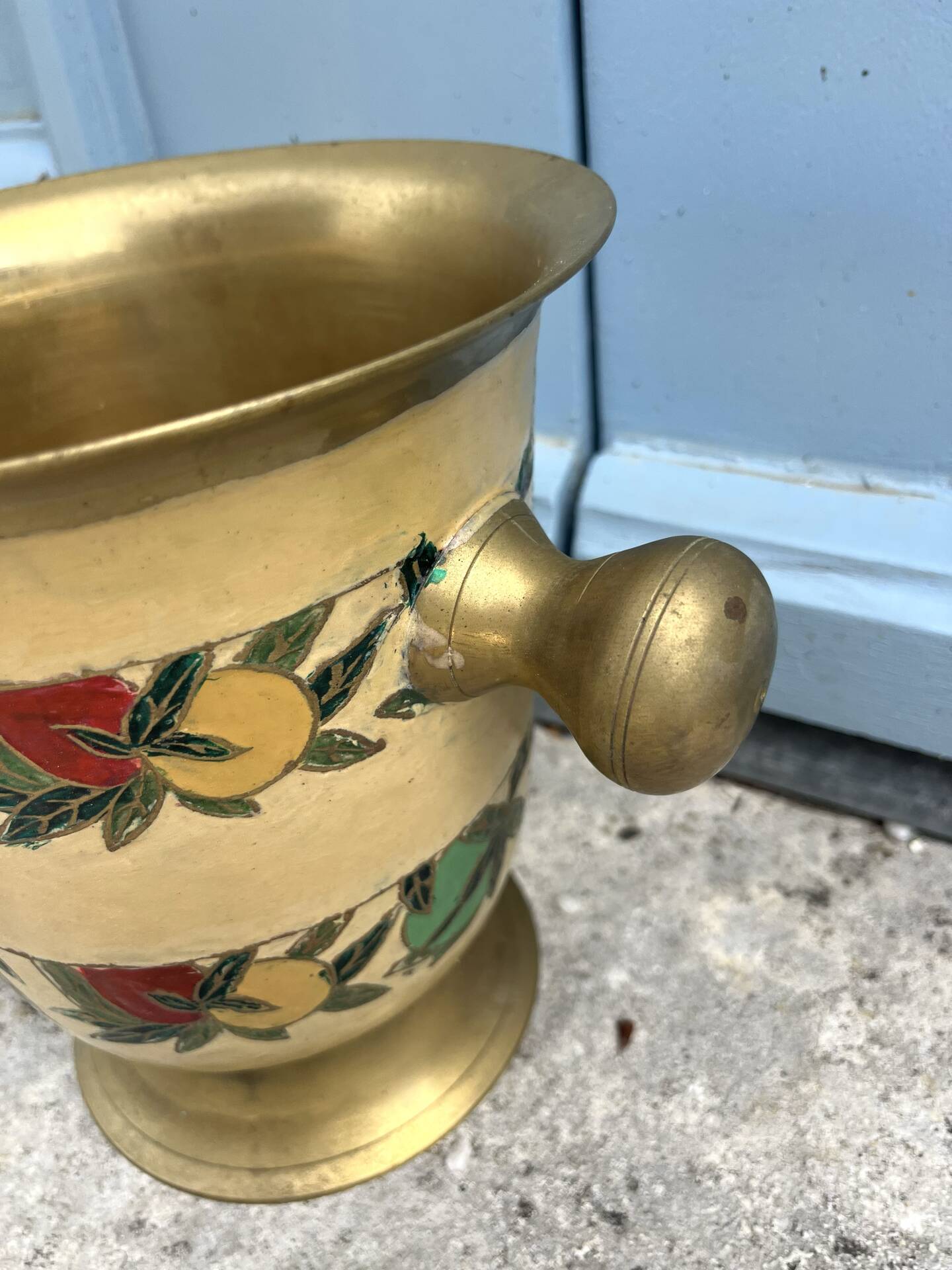 French Brass Cloisonné Style Champagne Bucket with Hand-Painted Fruit