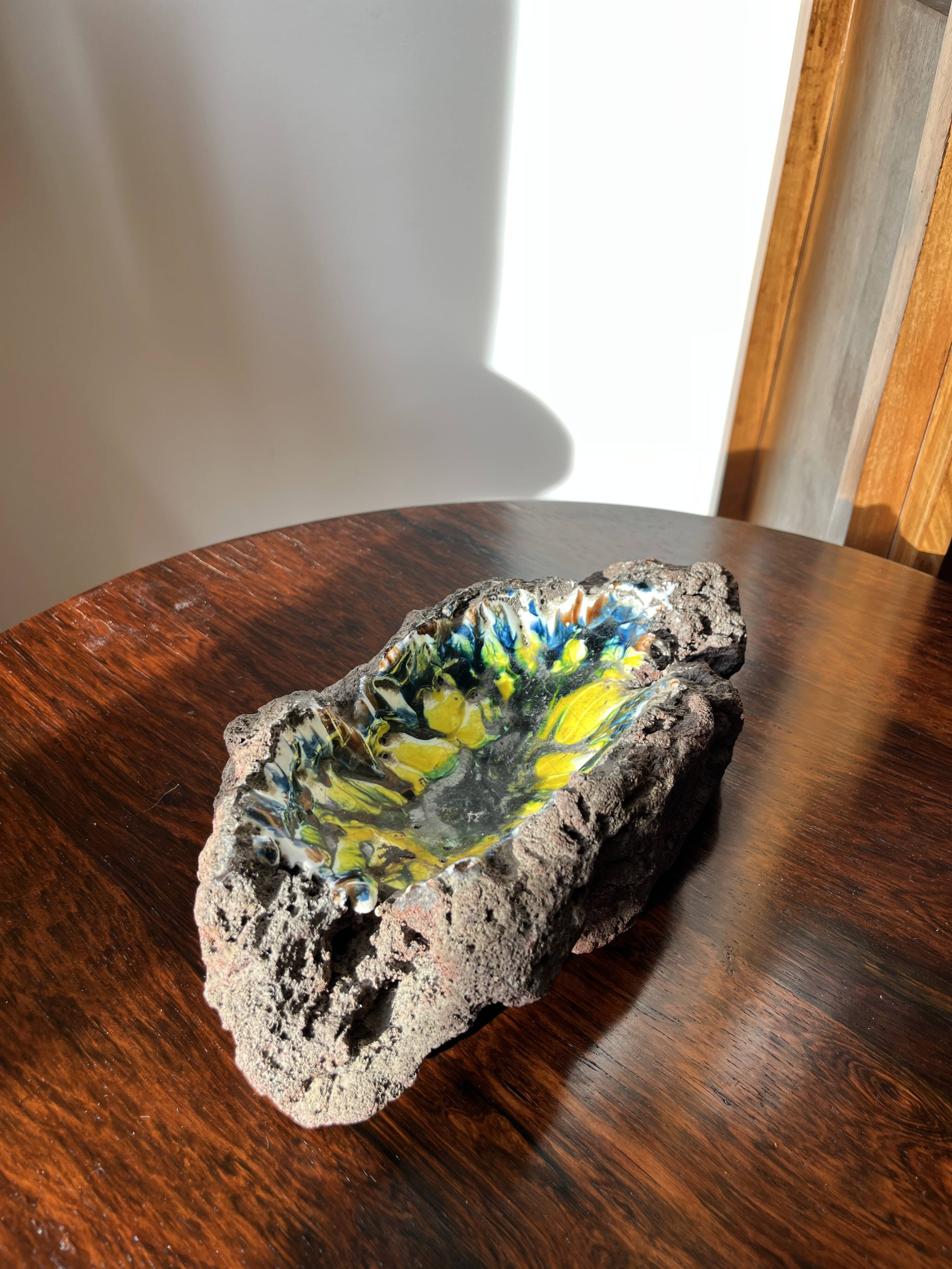 Brutalist vintage enameled volcanic lava trinket dish