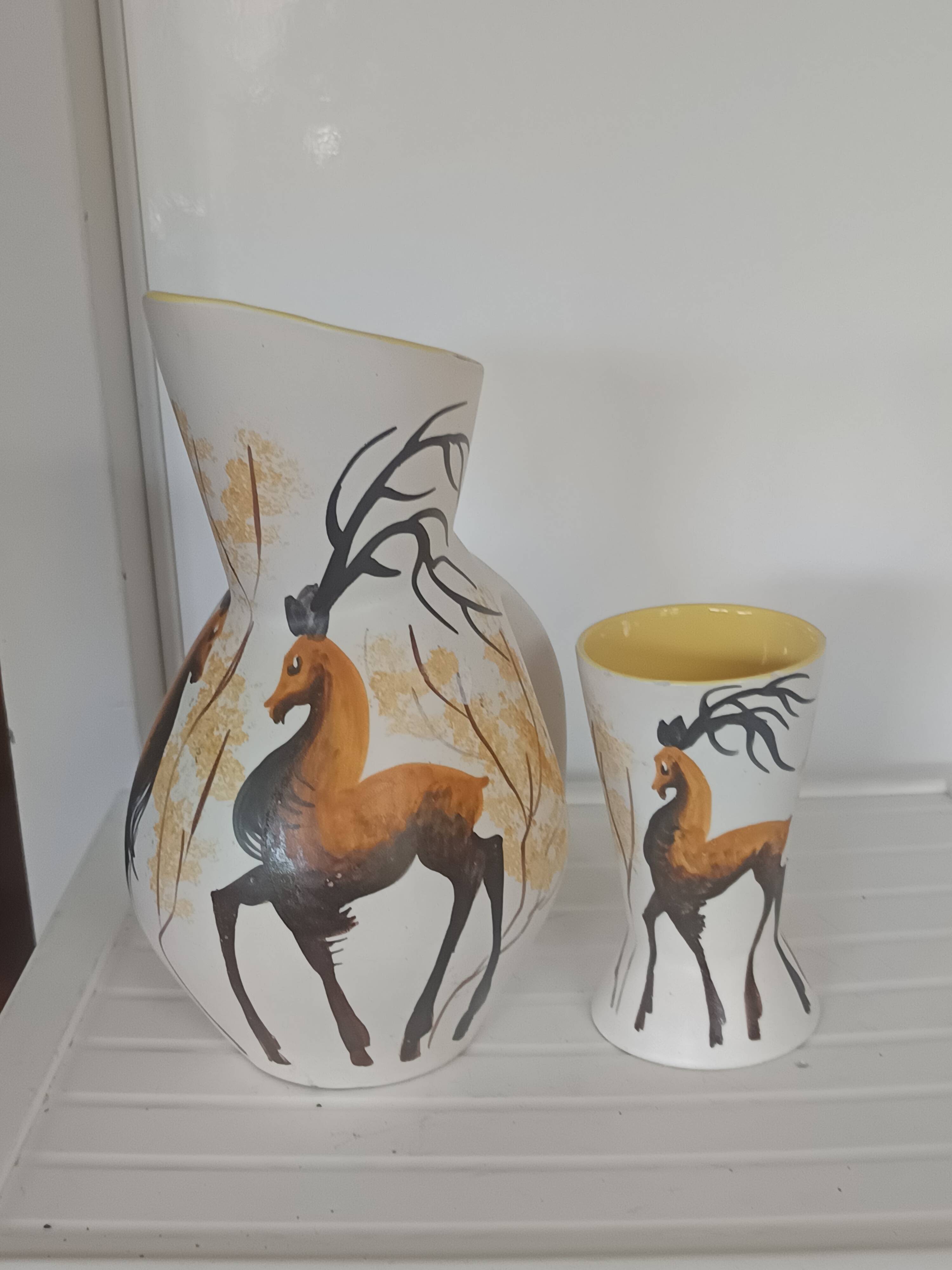 Pichet and glass Vallauris – Jacques Fonck – deer decoration