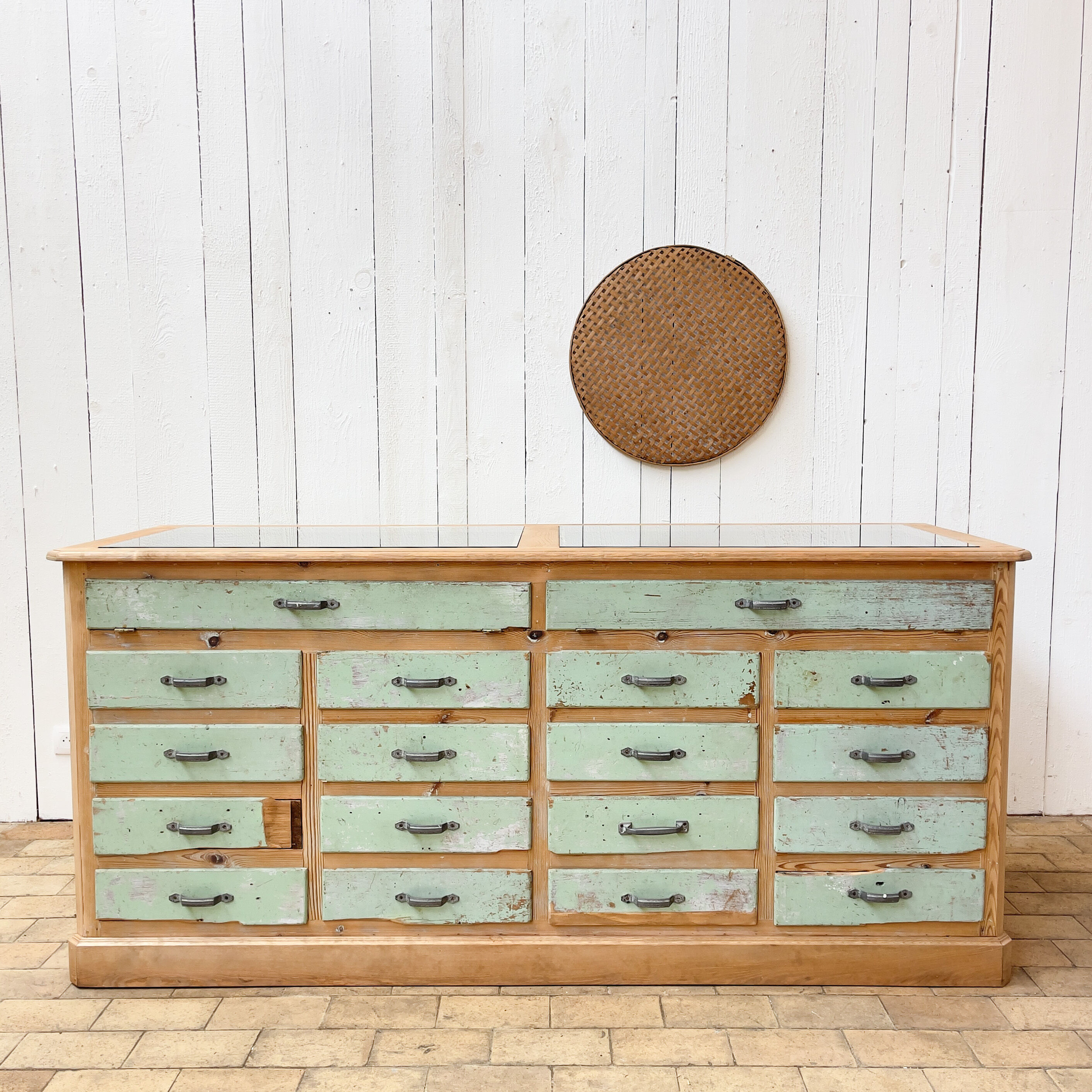 Old wooden display case with drawers, 1950