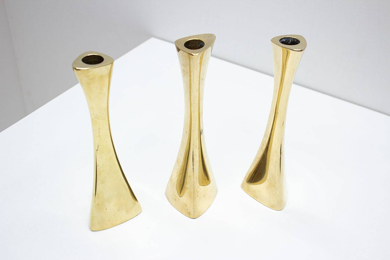 Set of 3 organic shaped brass candlesticks by K.E. Ytterberg, Sweden