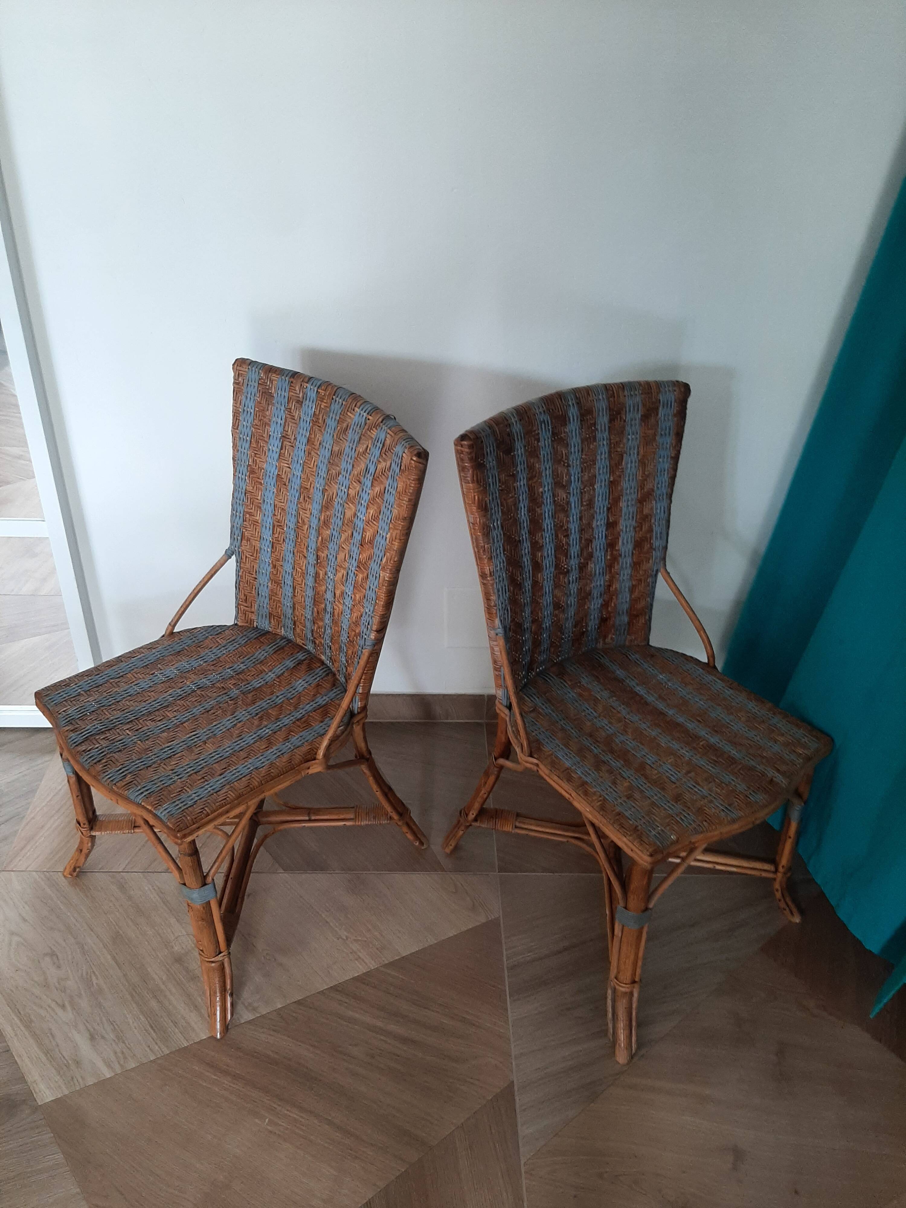 Vintage set of 2 garden woven rattan chairs - sky blue nets - 40