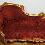 Louis XV style bench, red and gold, carved beech wood and lace