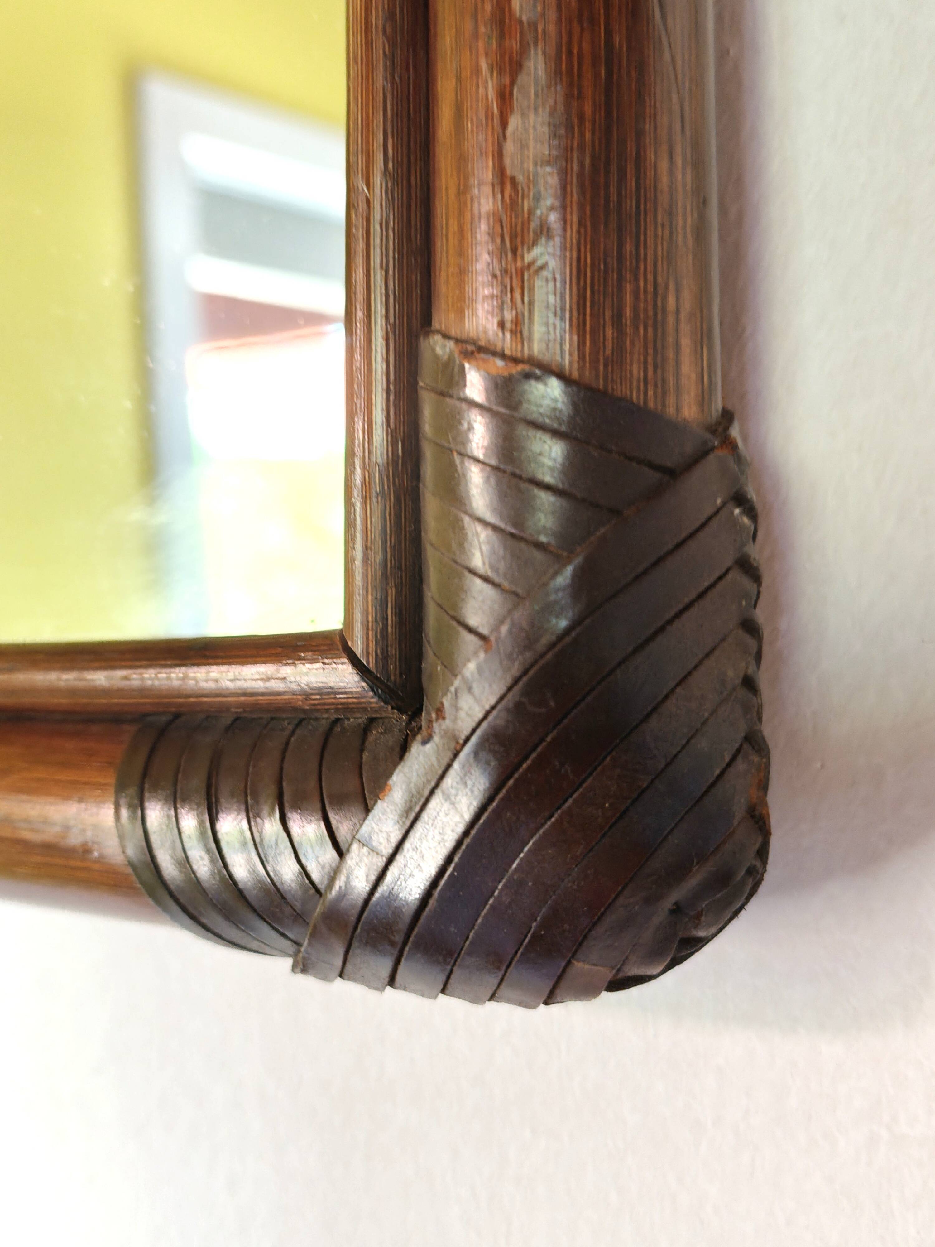 Antique mirror in bamboo and woven leather