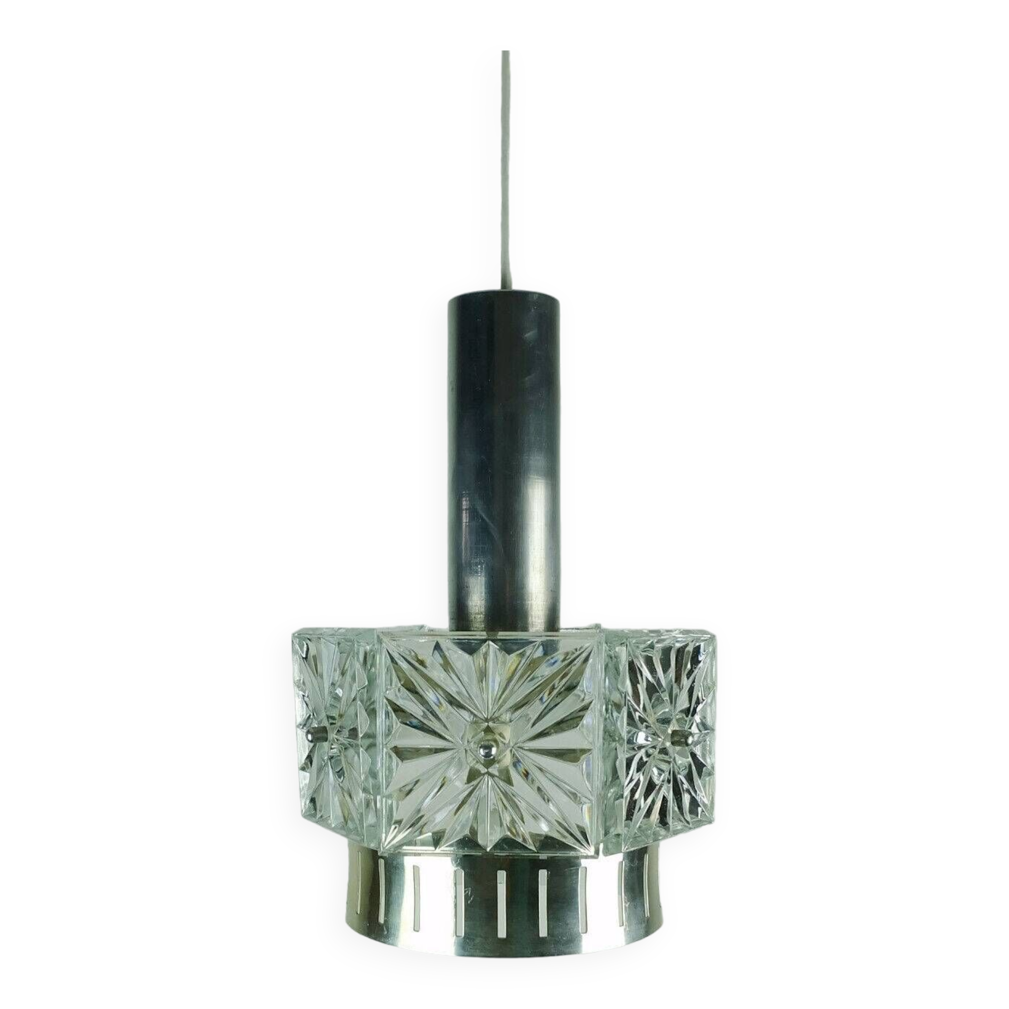 Vintage crystal glass and metal pendant light with 6 glass prisms from the 1960s, 2 available