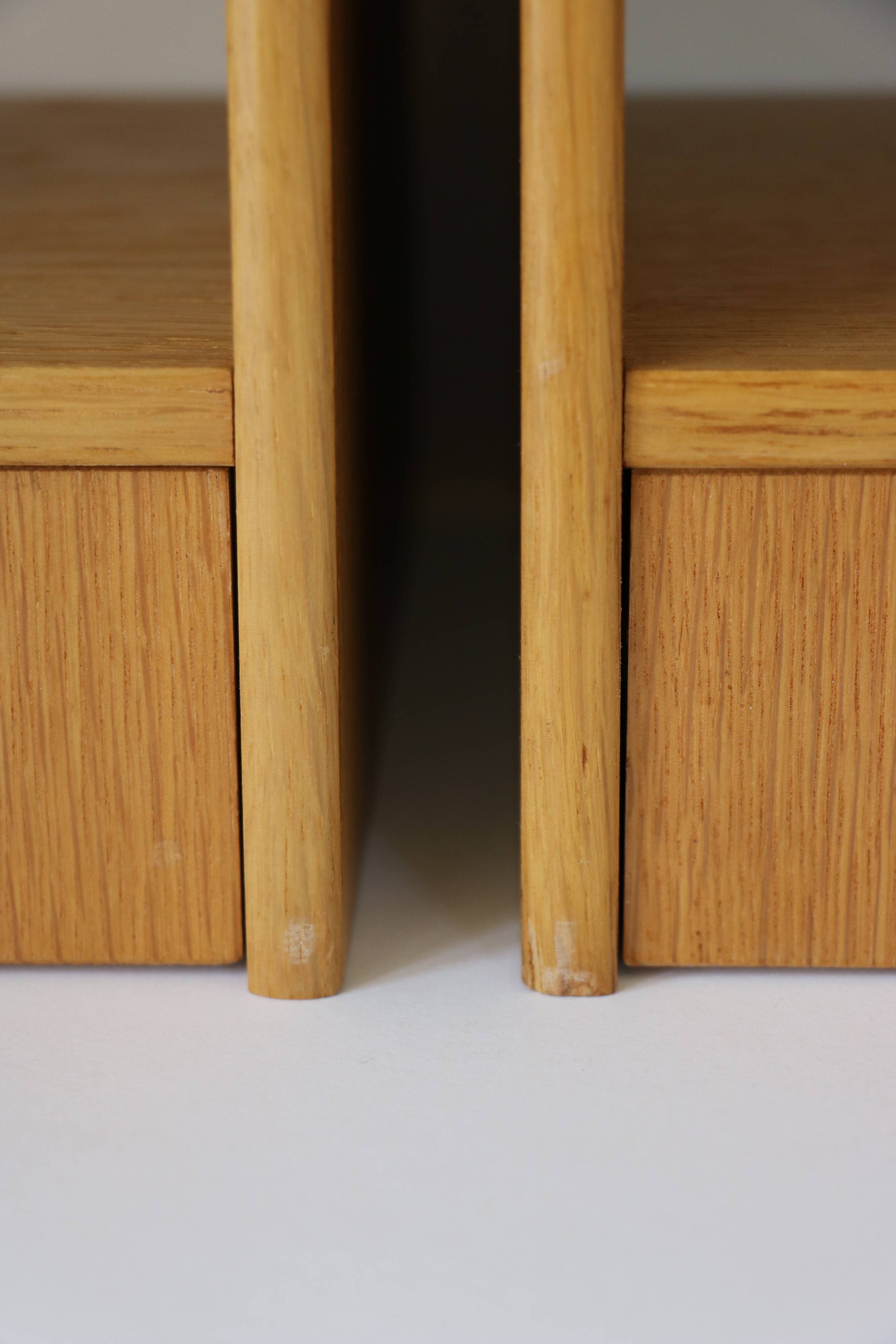2 wall-mounted Scandinavian bedside tables with drawers, oak, 1960.