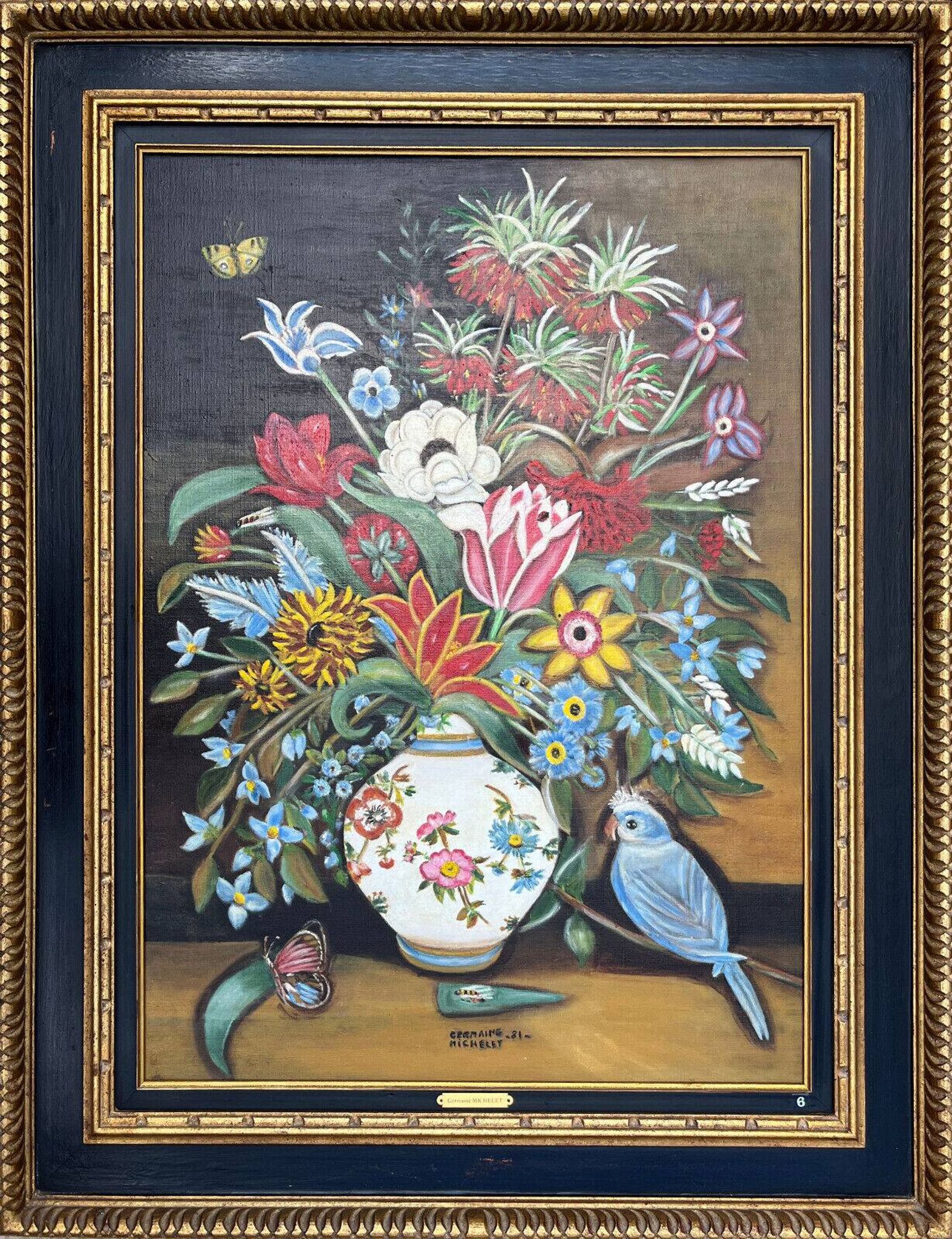 Pendant Gd Tableaux HST "Bouquet of flowers" signed Germaine Michelet + frame