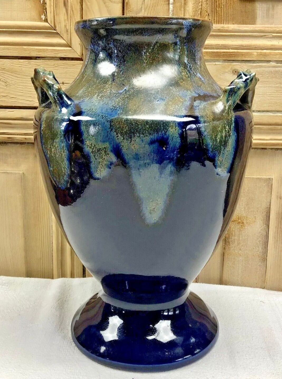 Old large sandstone vase signed Maure Lebret de Ligers Puisaye triple handles