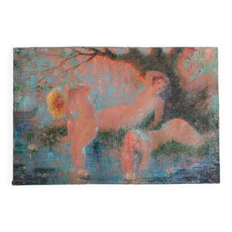 Painting of nude women in an orange landscape.