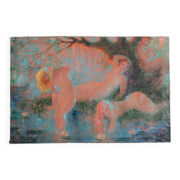 Peinture femmes nues orange dans un paysage