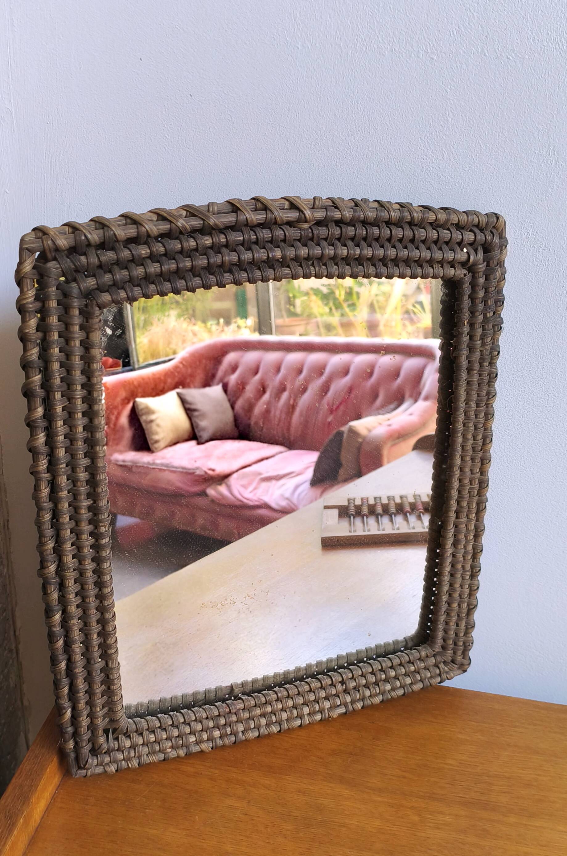 Vintage wicker rattan wall mirror