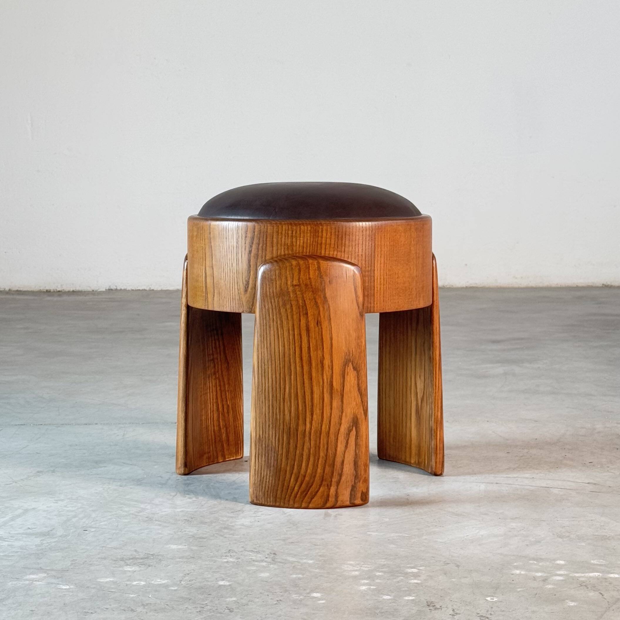 Sculptural Ash Wood Stool B.V. Waxed Dark Brown Leather by FORME, Italy