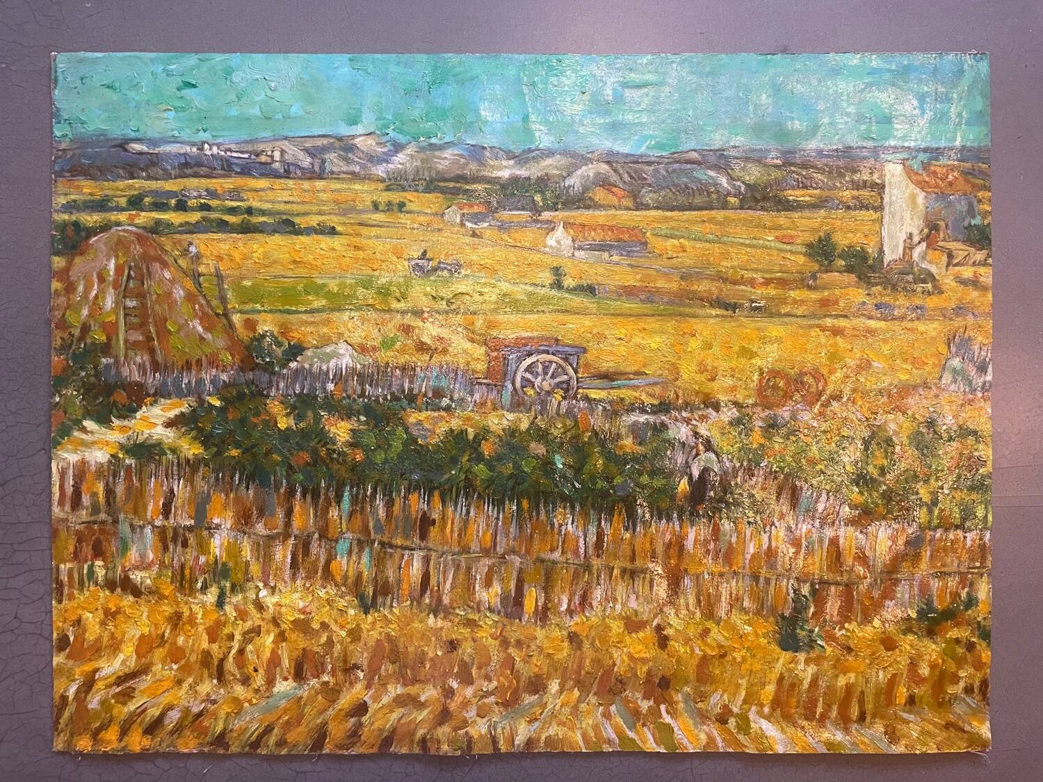 Antique painting of a harvest landscape 20th century