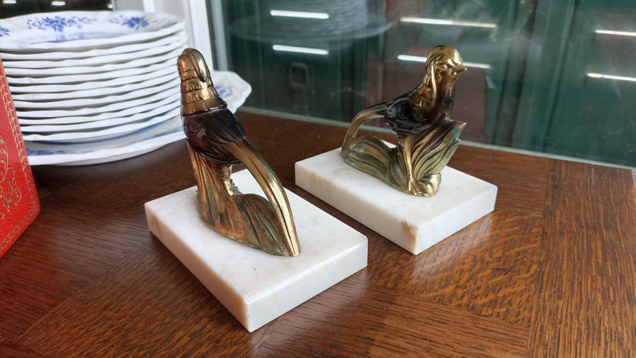Marble and zinc art bookends - Pheasants