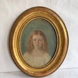 19th century portrait of a young girl, oil painting framed in oval gilded wood