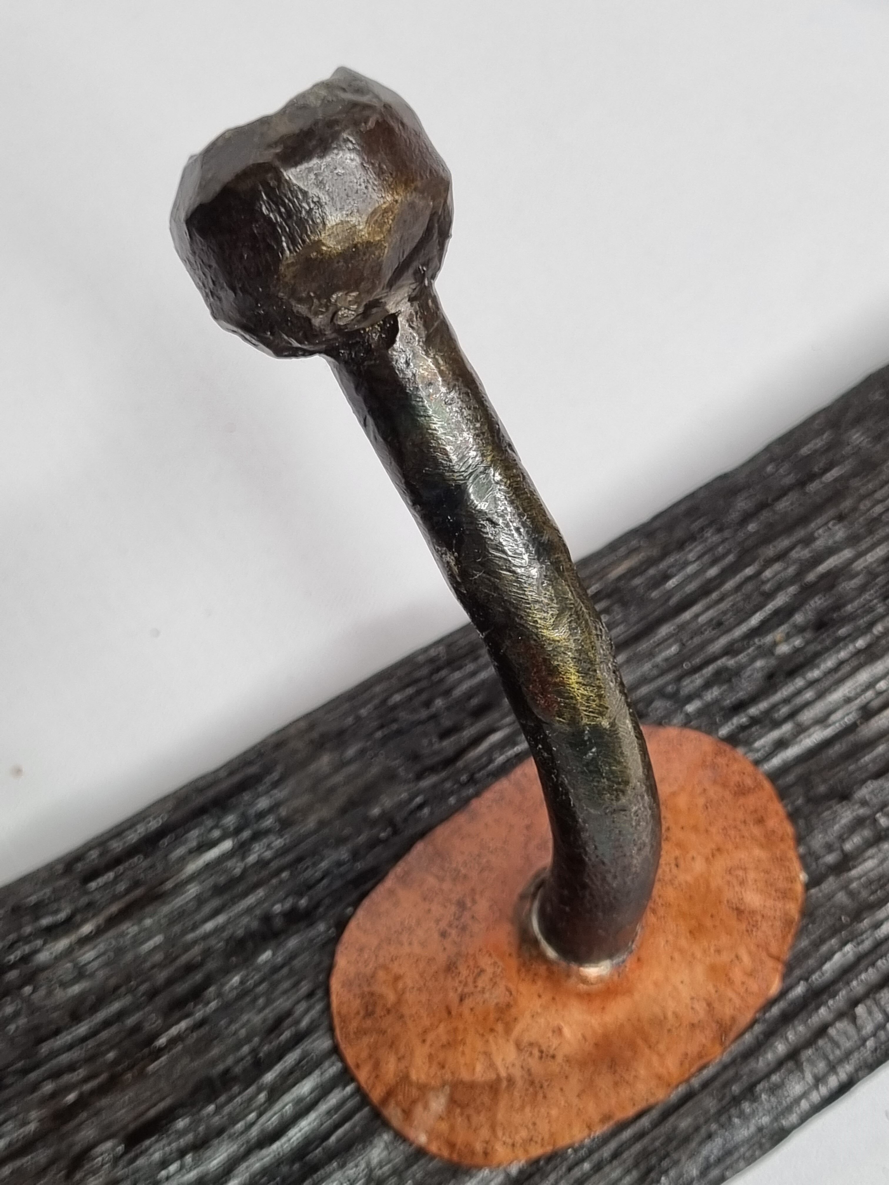 Handcrafted wall coat rack in driftwood, copper and forged steel, 3 hooks, 63 cm