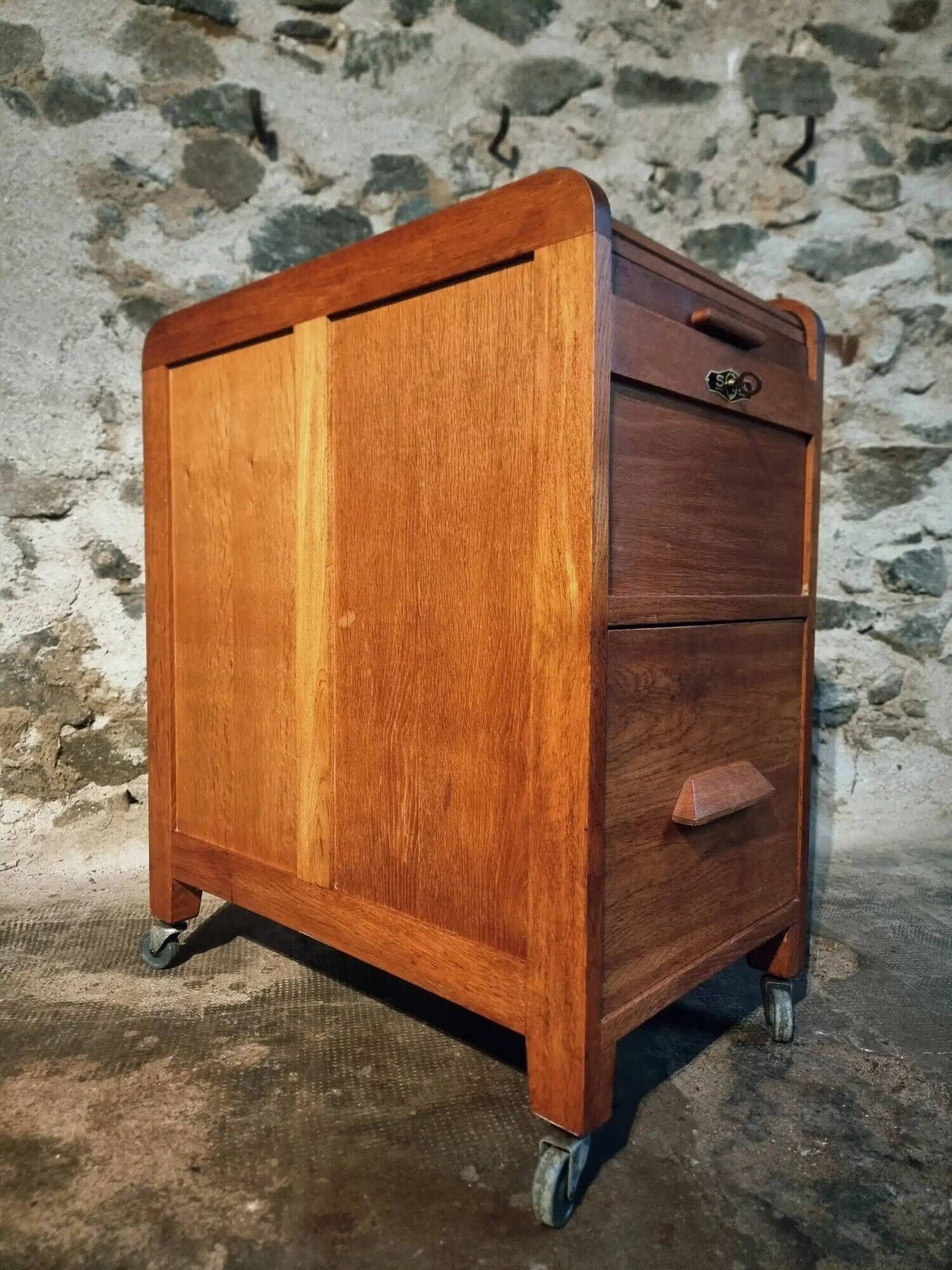 Vintage French oak office rolling cabinet with tambour door, 1950s.