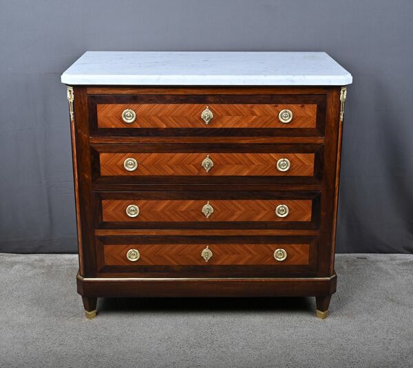 Commode en marqueterie de bois de rose et palissandre, style Louis XVI – fin XIXe