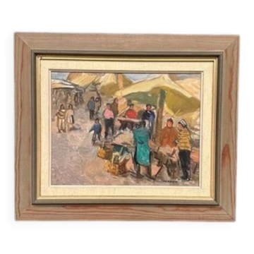 Huile sur panneau originale "Marknad" par Axel Hamborn, vintage et encadrée.